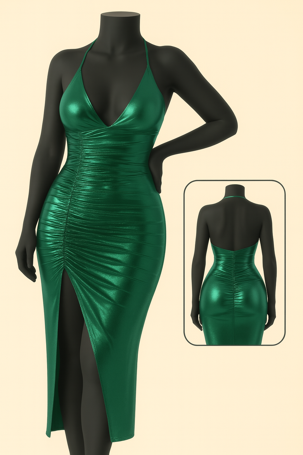 Green metallic ruched midi dress
