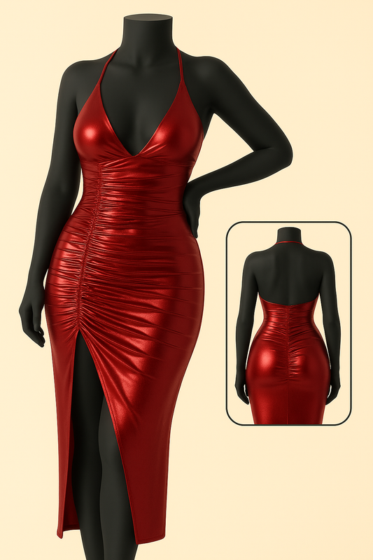 Red metallic ruched midi dress