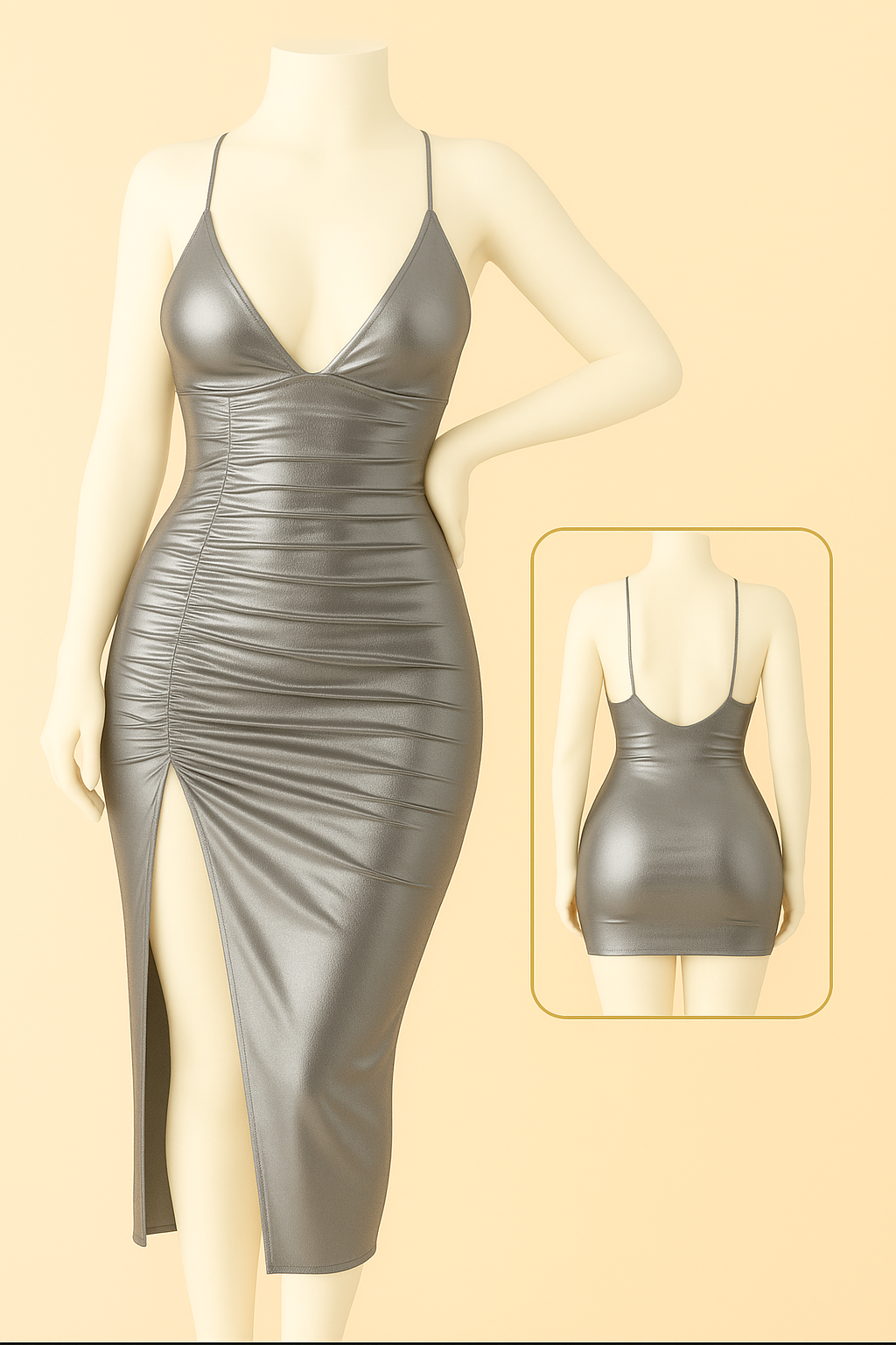 Silver metallic ruched midi dress