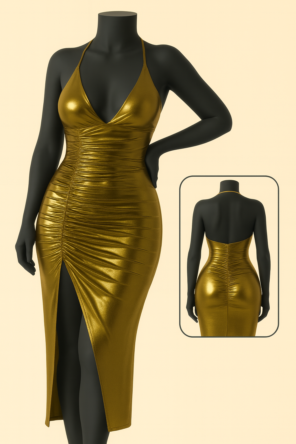 Gold metallic ruched midi dress