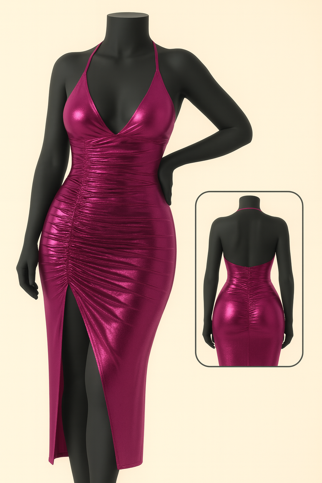 Pink metallic ruched midi dress